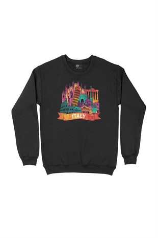 Renkli İtalya İllüstrasyon Siyah Sweatshirt