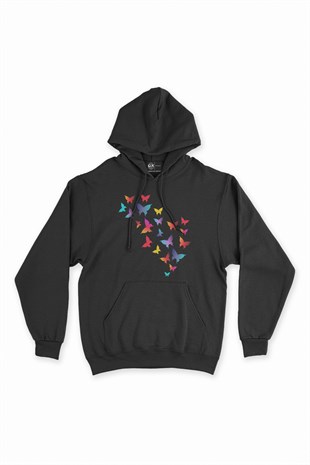 Renkli Kelebekler Siyah Kapşonlu Sweatshirt Hoodie