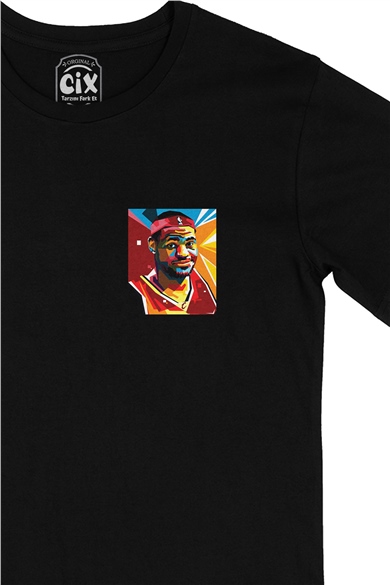Renkli Lebron James Cep Logo Tasarımlı Siyah Tişört