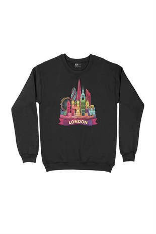 Renkli Londra İllüstrasyon Siyah Sweatshirt