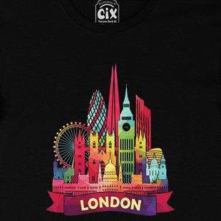 Renkli Londra İllüstrasyon Siyah Tişört