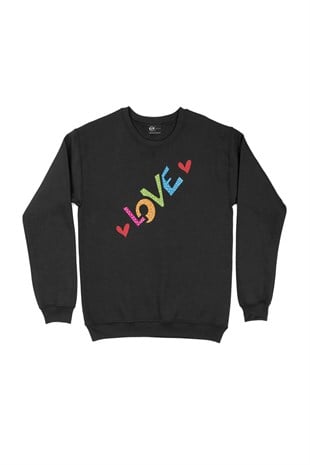 Renkli Love Yazılı Siyah Sweatshirt