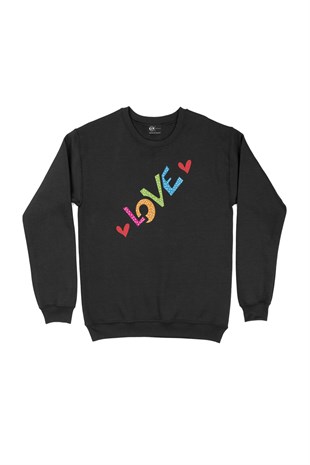 Renkli Love Yazılı Siyah Sweatshirt