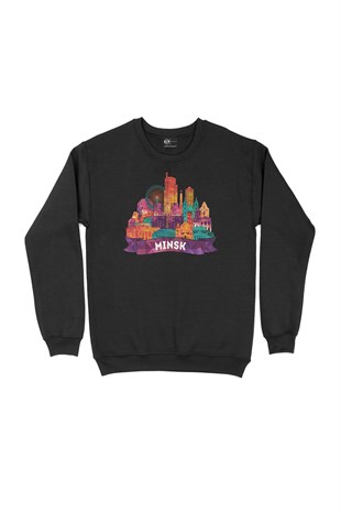 Renkli Minsk İllüstrasyon Siyah Sweatshirt