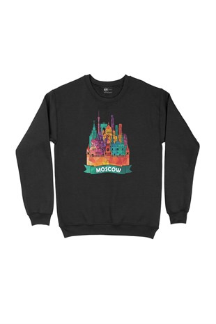 Renkli Moskova İllüstrasyon Siyah Sweatshirt