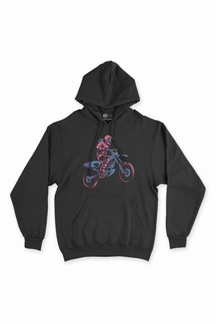Renkli Motorcu Siyah Kapşonlu Sweatshirt Hoodie