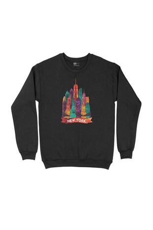 Renkli New York İllüstrasyon Siyah Sweatshirt