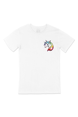 Renkli Unicorn Cep Logo Tasarımlı Beyaz Tişört
