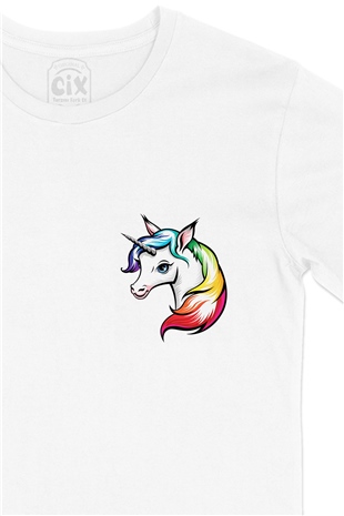 Renkli Unicorn Cep Logo Tasarımlı Beyaz Tişört