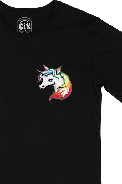 Renkli Unicorn Cep Logo Tasarımlı Siyah Tişört