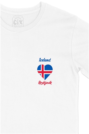 Reykjavik İzlanda Bayraklı Kalpli Cep Logo Tasarımlı Beyaz Tişört
