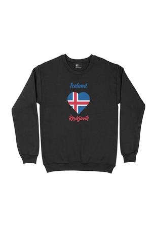 Reykjavik İzlanda Bayraklı Kalpli Siyah Sweatshirt