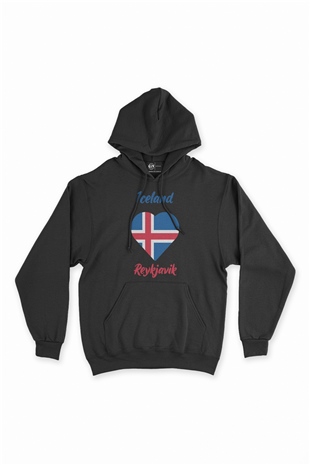 Reykjavik İzlanda Bayraklı Kalpli Siyah Sweatshirt Hoodie