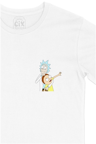 Rick And Morty Görselli Cep Logo Tasarımlı Beyaz Tişört