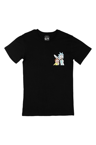 Rick And Morty Görselli Cep Logo Tasarımlı Siyah Tişört