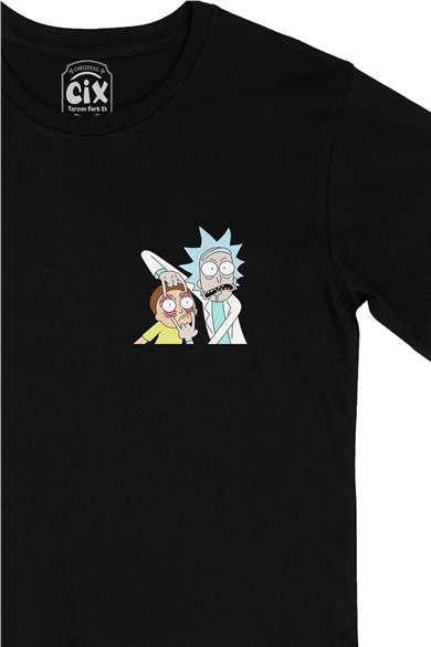Rick And Morty Görselli Cep Logo Tasarımlı Siyah Tişört