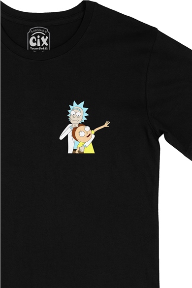 Rick And Morty Tasarımlı Cep Logo Tasarımlı Siyah Tişört