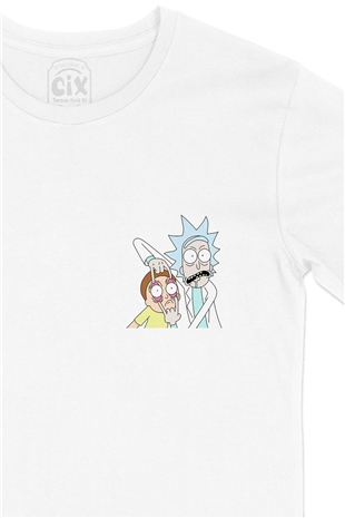 Rick And Morty Tasarımlı Cep Logo Tasarımlı Beyaz Tişört