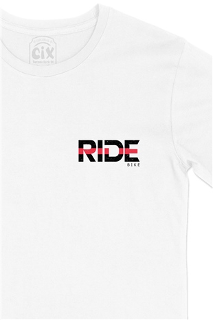 Ride Bike Bisikletçi Cep Logo Tasarımlı Beyaz Tişört