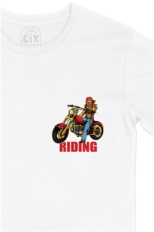 Riding Motor Cep Logo Tasarımlı Beyaz Tişört