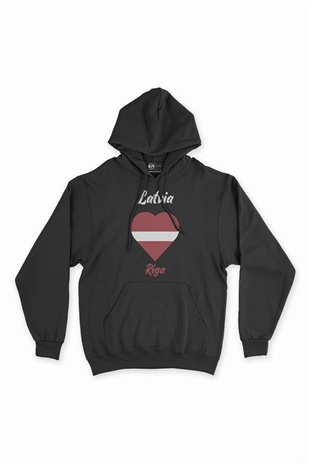 Riga Letonya Bayraklı Kalpli Siyah Sweatshirt Hoodie