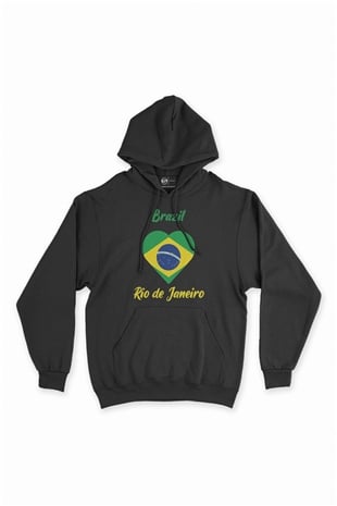 Rio De Janerio Brezilya Bayraklı Kalpli Siyah Sweatshirt Hoodie