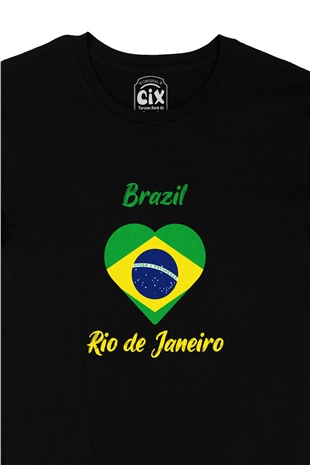 Rio De Janerio Brezilya Bayraklı Kalpli Siyah Tişört