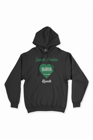 Riyad Suudi Arabistan Bayraklı Kalpli Siyah Sweatshirt Hoodie