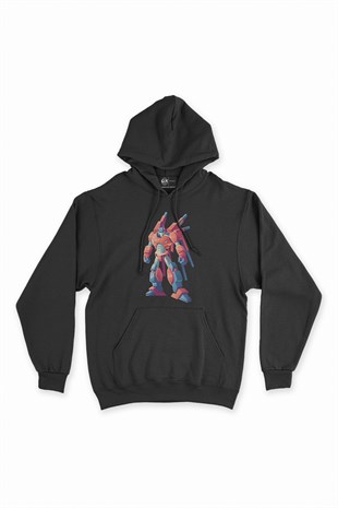 Robot Tasarımlı Siyah Kapşonlu Sweatshirt Hoodie