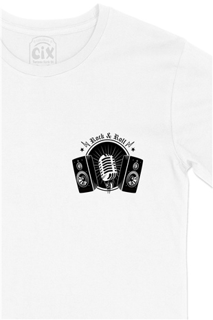 Rock And Roll Müzik Cep Logo Tasarımlı Beyaz Tişört