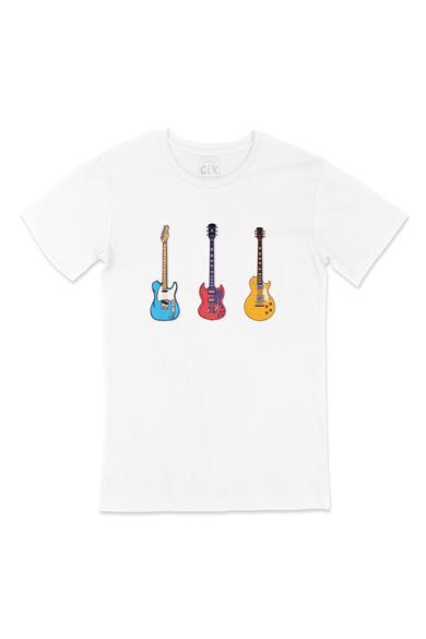 Rock Gitar Tasarımlı Beyaz Tişört