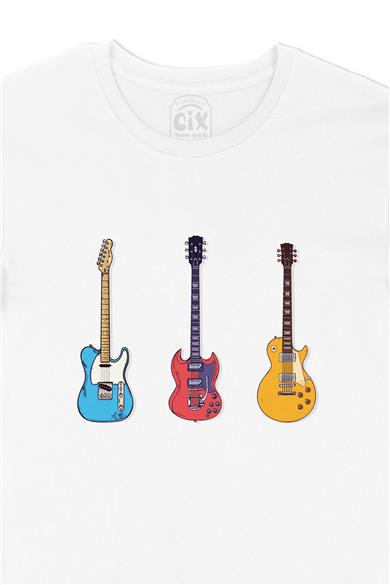 Rock Gitar Tasarımlı Beyaz Tişört