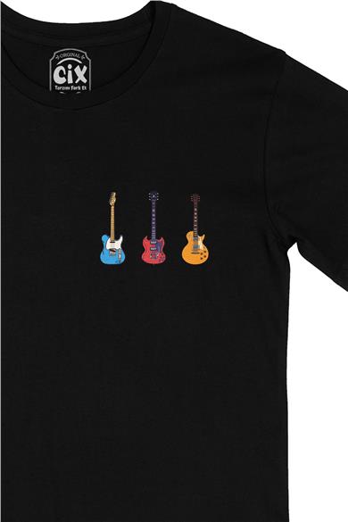 Rock Gitar Tasarımlı Cep Tasarım Baskılı Siyah Tişört