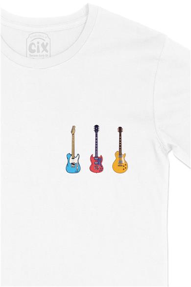 Rock Gitar Tasarımlı Cep Tasarım Baskılı Beyaz Tişört