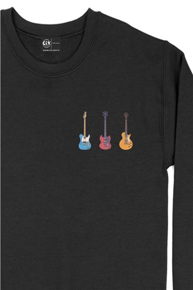 Rock Gitar Tasarımlı Cep Tasarım Baskılı Sweatshirt