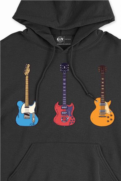Rock Gitar Tasarımlı Kapşonlu Sweatshirt Hoodie
