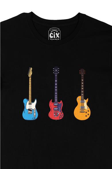 Rock Gitar Tasarımlı Siyah Tişört