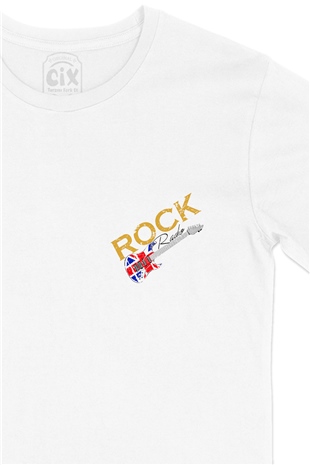 Rock Radio Gitar Cep Logo Tasarımlı Beyaz Tişört