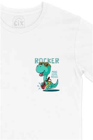 Rocker Dinozor Cep Logo Tasarımlı Beyaz Tişört