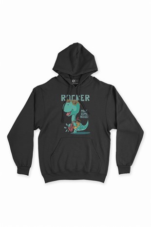 Rocker Dinozor Siyah Kapşonlu Sweatshirt Hoodie