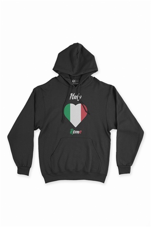Roma İtalya Bayraklı Kalpli Siyah Sweatshirt Hoodie
