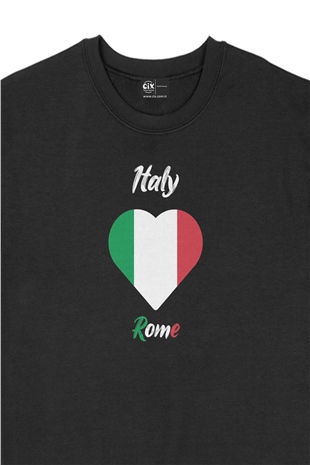 Roma İtalya Bayraklı Kalpli Siyah Sweatshirt