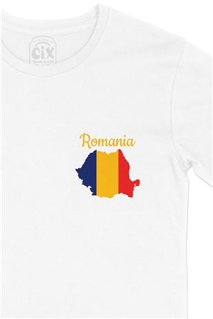 Romanya Haritalı ve Bayraklı Cep Logo Tasarımlı Beyaz Tişört
