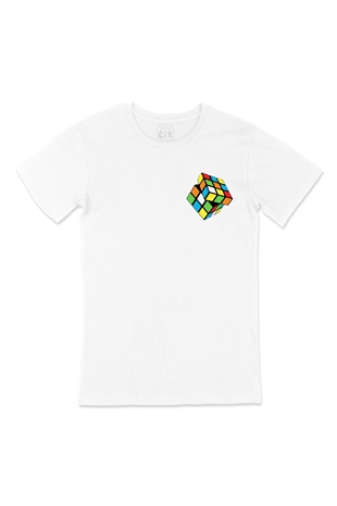 Rubik Küp Tasarımlı Cep Logo Tasarımlı Beyaz Tişört