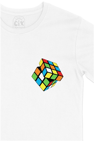 Rubik Küp Tasarımlı Cep Logo Tasarımlı Beyaz Tişört