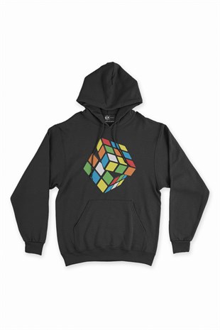Rubik Küp Tasarımlı Siyah Kapşonlu Sweatshirt Hoodie