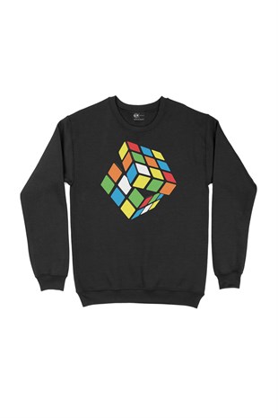 Rubik Küp Tasarımlı Siyah Sweatshirt