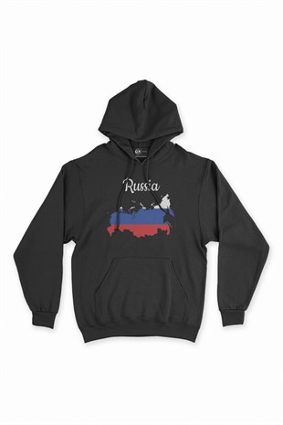 Rusya Haritalı ve Bayraklı Siyah Kapşonlu Sweatshirt Hoodie