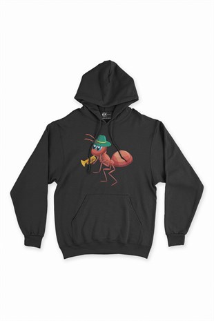 Saksafon Çalan Karınca Siyah Kapşonlu Sweatshirt Hoodie