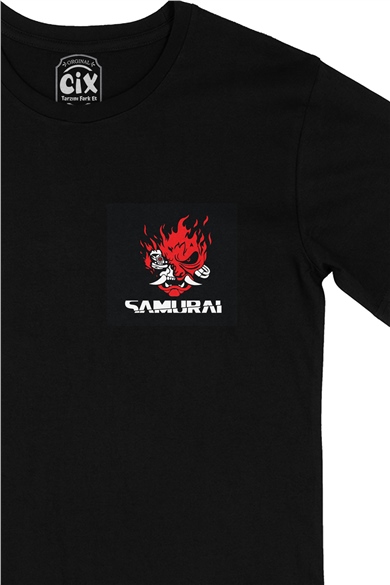 Samurai Skull Cep Logo Tasarımlı Siyah Tişört